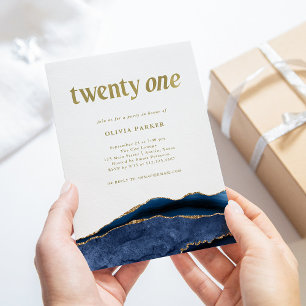 Elegant Navy Blue Agate and Gold   21st Birthday Invitation