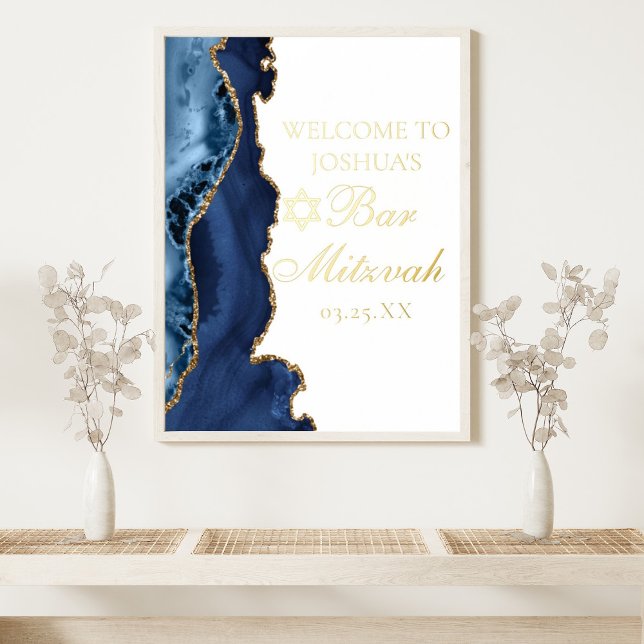 Elegant Navy Blue Agate Bar Mitzvah Party Gold Foil Prints (Creator Uploaded)