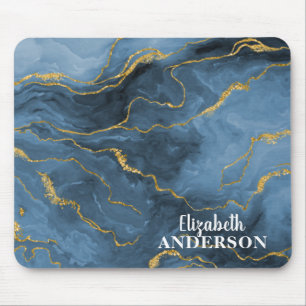 Elegant Navy Blue Agate Geode Marble Monogram Name Mouse Pad