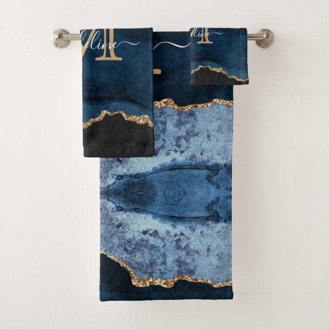 Elegant Navy Blue Agate Geode Modern Monogram Bath Towel Set (Insitu)