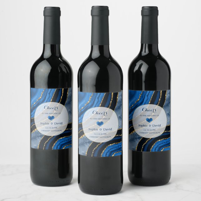 Elegant Navy Blue Agate Gold Marble Wedding Wine Label (Bottles)
