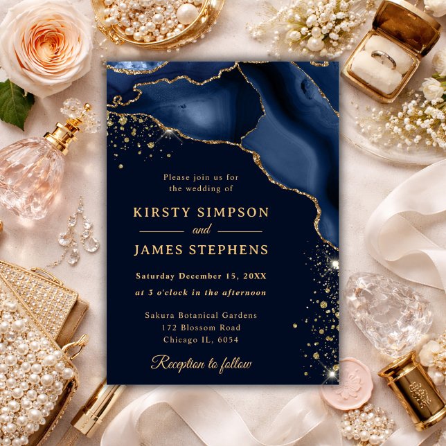 Elegant Navy Blue Agate & Gold Wedding Invitation (Creator Uploaded)