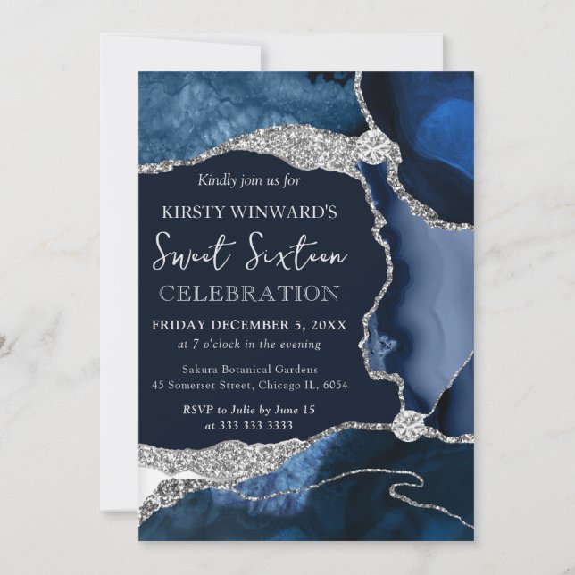 Elegant Navy Blue Agate & Silver Glitter Sweet 16 Invitation (Front)