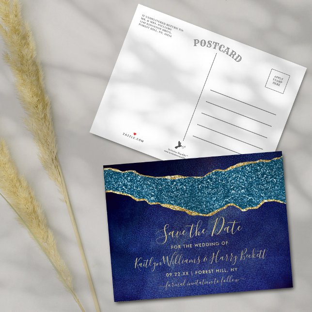 Elegant Navy Blue Agate Wedding Save The Date Announcement Postcard (Creator Uploaded)