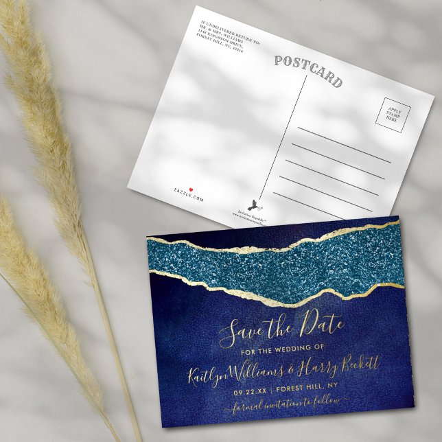 Elegant Navy Blue Agate Wedding Save The Date Real Foil Invitation Postcard (Creator Uploaded)