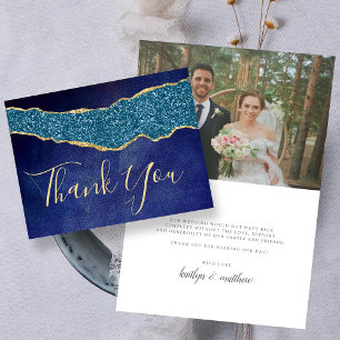 Elegant Navy Blue Agate Wedding Thank You Card