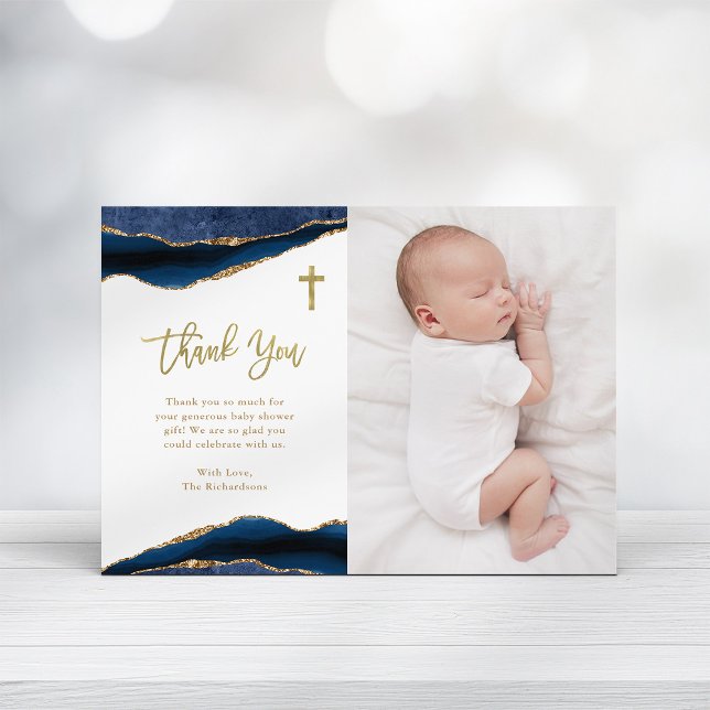 Elegant Navy Blue Agate with Photo | Baptism Thank You Card (Creator Uploaded)