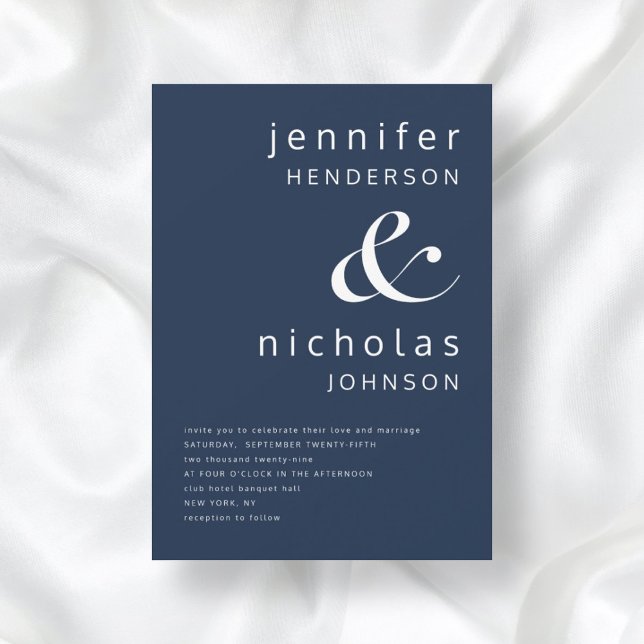 Elegant Navy Blue Ampersand Wedding Invitation (Front / Navy Blue Ampersand Minimalist Typography Wedding Invitation)