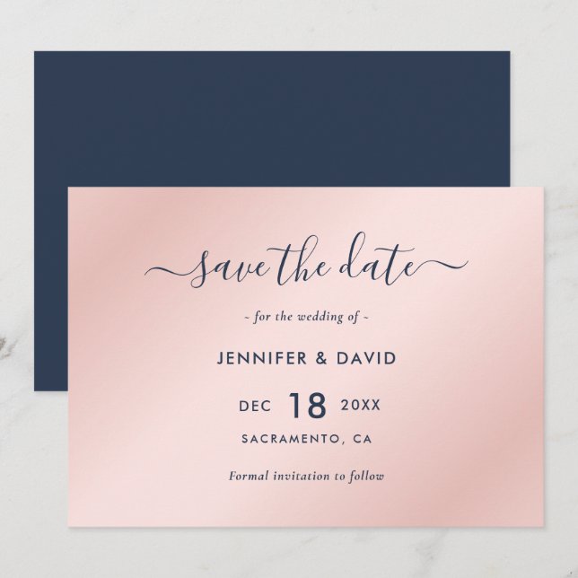 Elegant Navy Blue and Blush Wedding Save The Date (Front/Back)