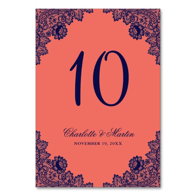 Elegant Navy Blue and Coral Floral Lace Wedding Table Number (Front)