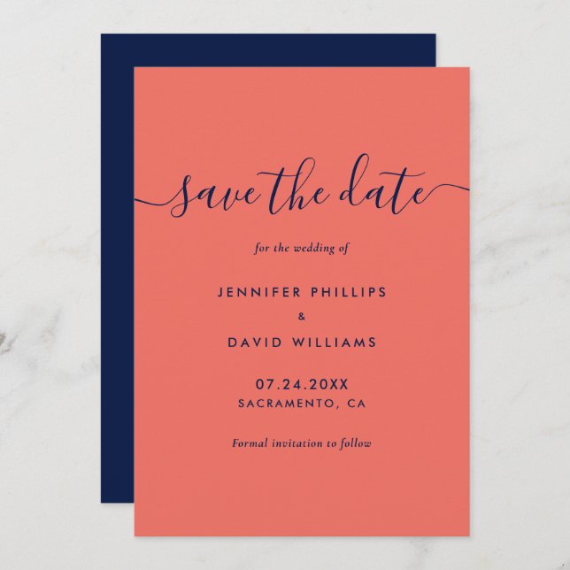 Elegant Navy Blue and Coral Wedding Save The Date (Front/Back)