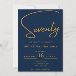 Elegant Navy Blue and Gold 70th Birthday Invitation