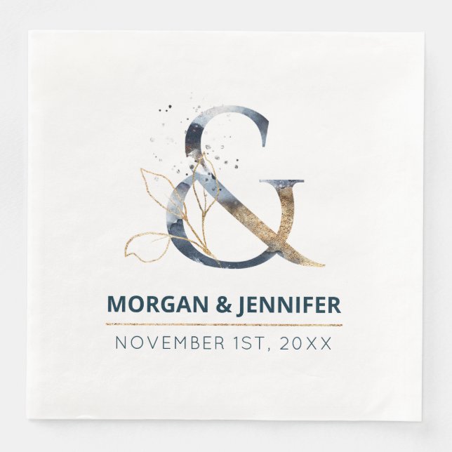 Elegant navy blue and gold ampersand wedding napkin (Front)