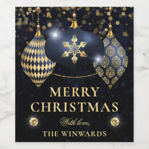 Elegant Navy Blue and Gold Baubles Merry Christmas Wine Label