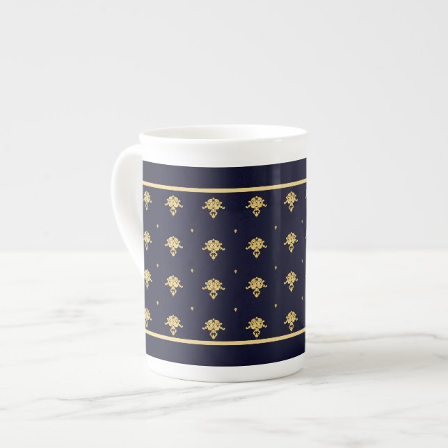 Elegant Navy Blue and Gold Damask Bone China Mug (Front Left)