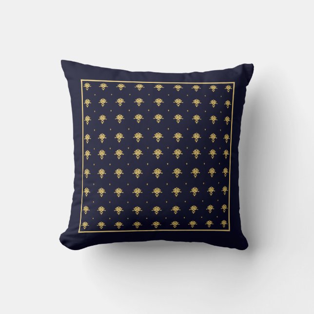 Elegant Navy Blue and Gold Damask Square Border Cushion (Front)