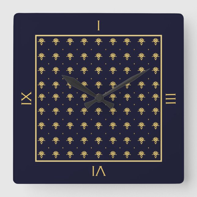 Elegant Navy Blue and Gold Damask Square Wall Clock (Front)