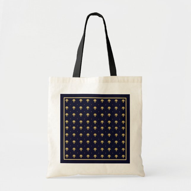 Elegant Navy Blue and Gold Damask Tote Bag (Front)