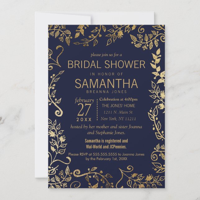 Elegant Navy Blue and Gold Floral Bridal Shower Invitation (Front)