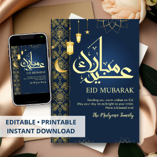 Elegant Navy Blue and Gold Floral Eid Mubarak Card