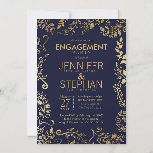 Elegant Navy Blue and Gold Floral Engagement Invitation (Front)