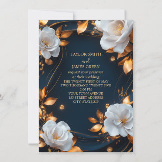 Elegant Navy Blue and Gold Floral Invitation