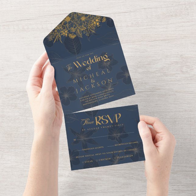 Elegant Navy Blue and Gold Floral Photo Wedding  All In One Invitation (Tearaway)