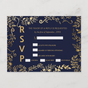 Elegant Navy Blue and Gold Floral RSVP Postcards