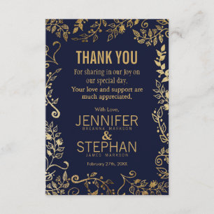 Elegant Navy Blue and Gold Floral Thank You Cards