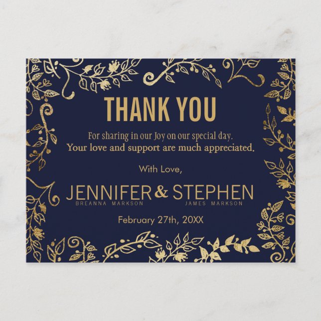 Elegant Navy Blue and Gold Floral Thank Yous Postcard (Front)