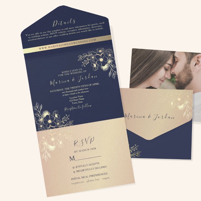 Elegant Navy Blue and Gold Floral Wedding All In One Invitation (Creator Uploaded)