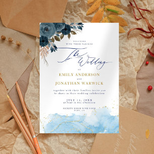 Elegant Navy Blue and Gold Floral Wedding Invitation