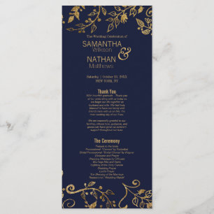 Elegant Navy Blue and Gold Floral Wedding Program Programme