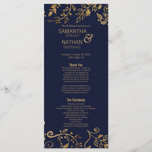 Elegant Navy Blue and Gold Floral Wedding Program Programme (Front)