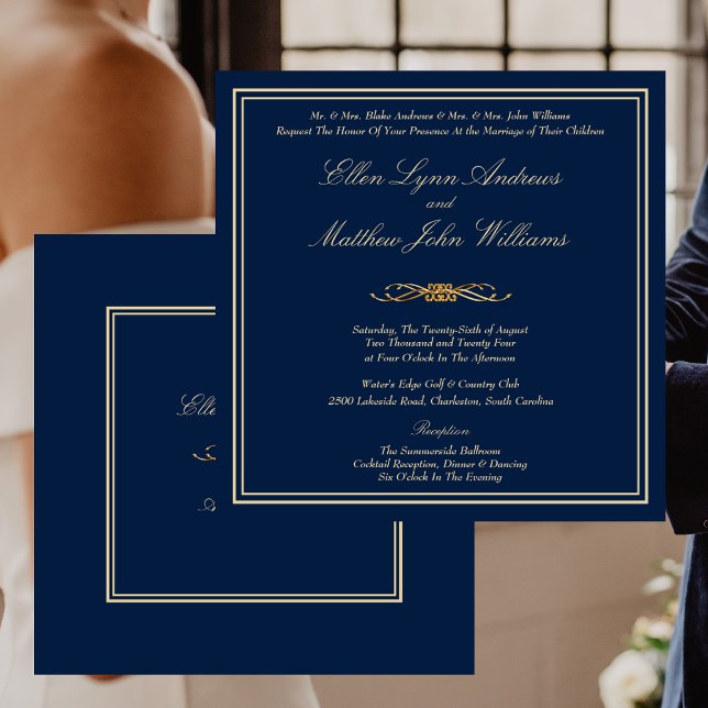 Elegant Navy Blue and Gold Formal Wedding Invitation (Elegant Navy Blue and Gold Formal Wedding Invitation)