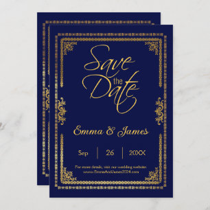 Elegant Navy Blue and Gold Frame Wedding  Save The Date