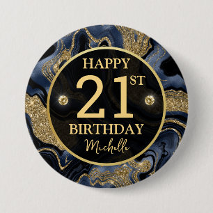 Elegant Navy Blue and Gold Glitter Agate Birthday 7.5 Cm Round Badge