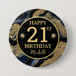 Elegant Navy Blue and Gold Glitter Agate Birthday 7.5 Cm Round Badge