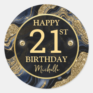 Elegant Navy Blue and Gold Glitter Agate Birthday Classic Round Sticker