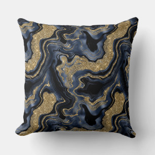 Elegant Navy Blue and Gold Glitter Agate Pattern Cushion