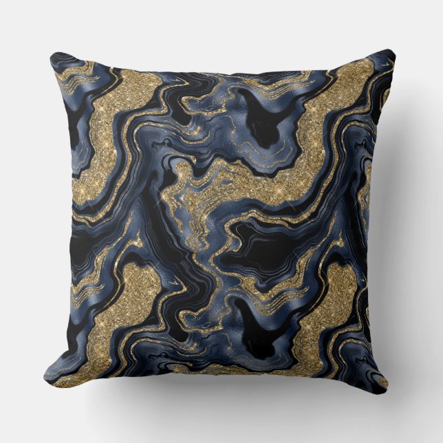 Elegant Navy Blue and Gold Glitter Agate Pattern Cushion (Front)