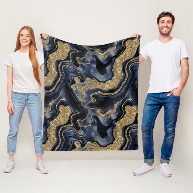 Elegant Navy Blue and Gold Glitter Agate Pattern Fleece Blanket (In Situ)