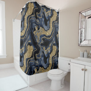 Elegant Navy Blue and Gold Glitter Agate Pattern Shower Curtain