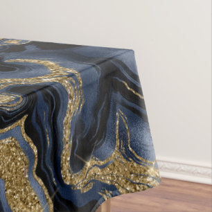 Elegant Navy Blue and Gold Glitter Agate Pattern Tablecloth