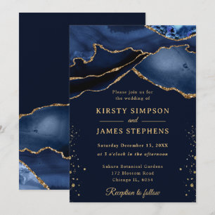 Elegant Navy Blue and Gold Glitter Agate Wedding Invitation