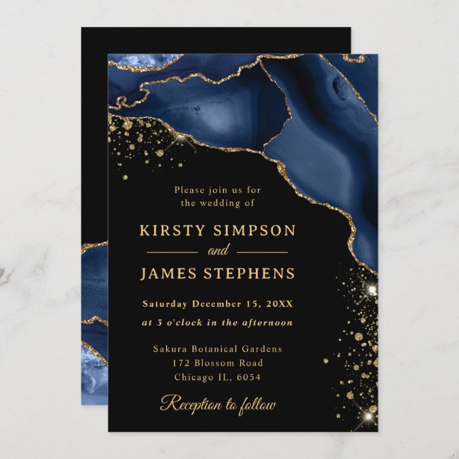Elegant Navy Blue and Gold Glitter Agate Wedding Invitation (Front/Back)