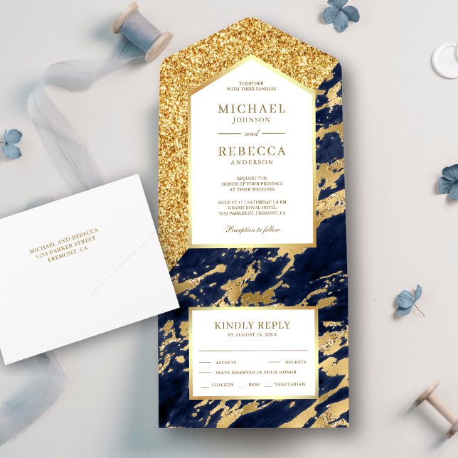 Elegant Navy Blue and Gold Glitter Marble Wedding All In One Invitation (Creator Uploaded)