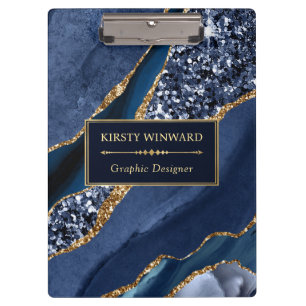 Elegant Navy Blue and Gold Glitter Ocean Agate Clipboard