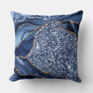 Elegant Navy Blue and Gold Glitter Ocean Agate Cushion