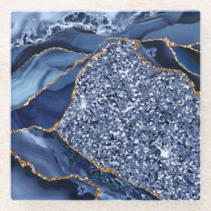 Elegant Navy Blue and Gold Glitter Ocean Agate Glass Coaster